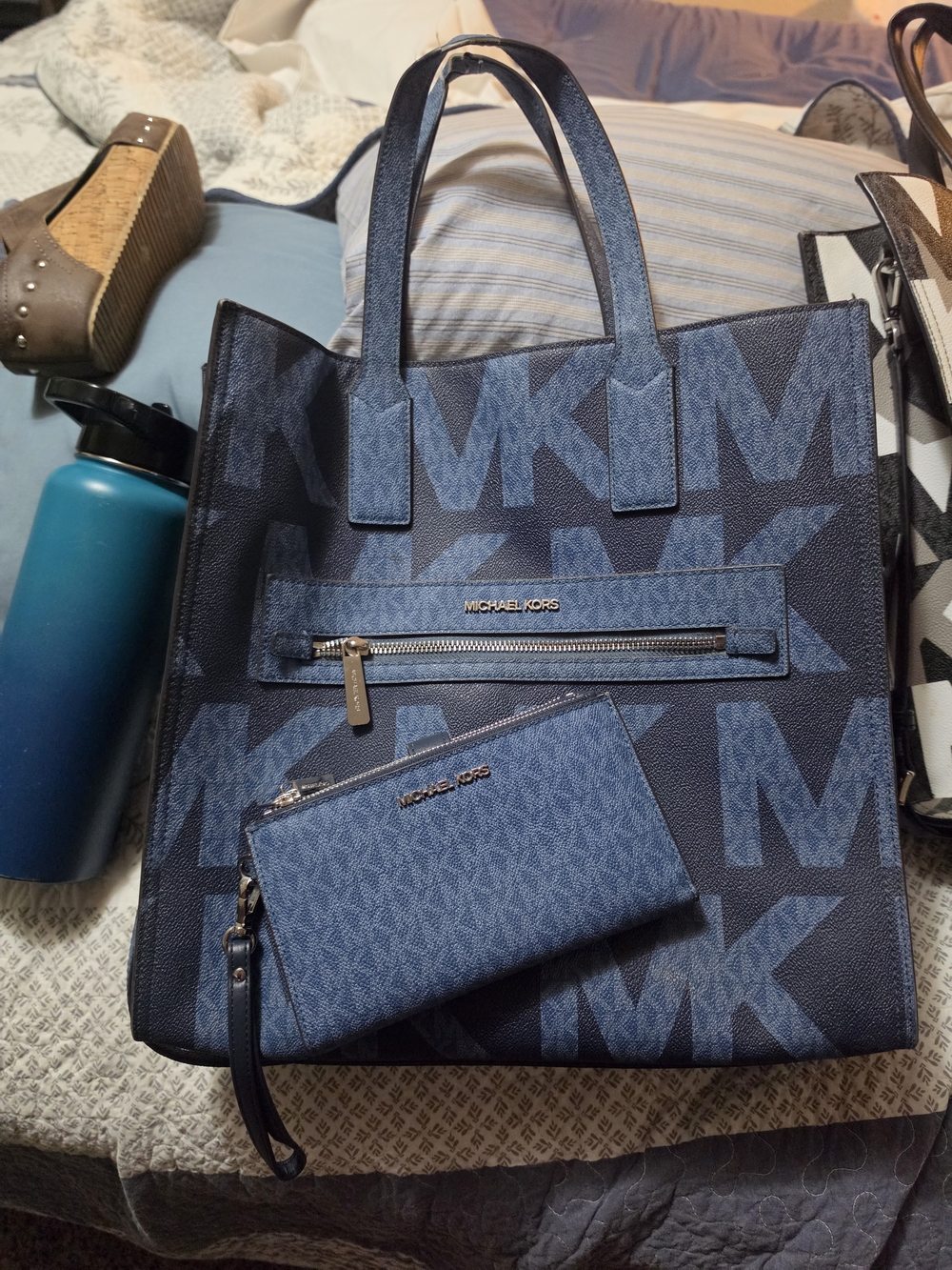 Michael Kors Navy and Denim MK Logo Tote with Wristlet